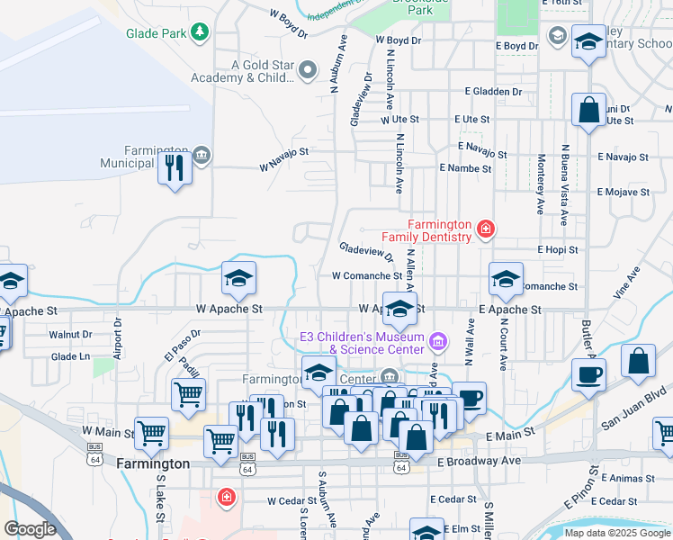 map of restaurants, bars, coffee shops, grocery stores, and more near 408 West Comanche Street in Farmington