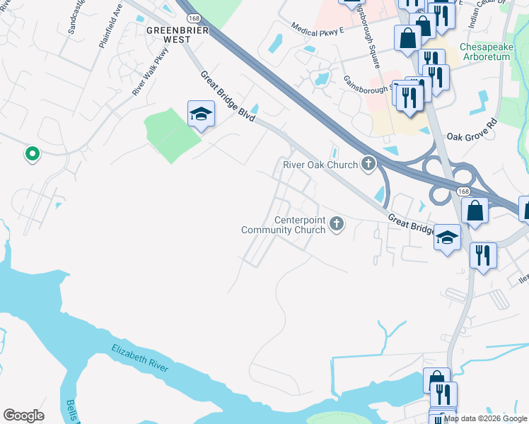 map of restaurants, bars, coffee shops, grocery stores, and more near 327 Preservation Reach in Chesapeake