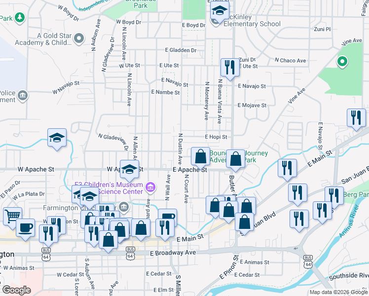 map of restaurants, bars, coffee shops, grocery stores, and more near 569-599 North Dustin Avenue in Farmington