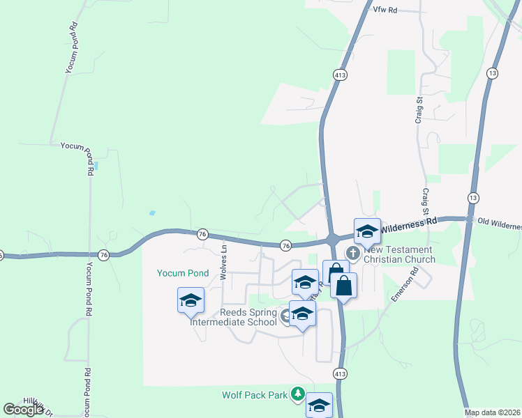 map of restaurants, bars, coffee shops, grocery stores, and more near Rockytop Way in Reeds Spring