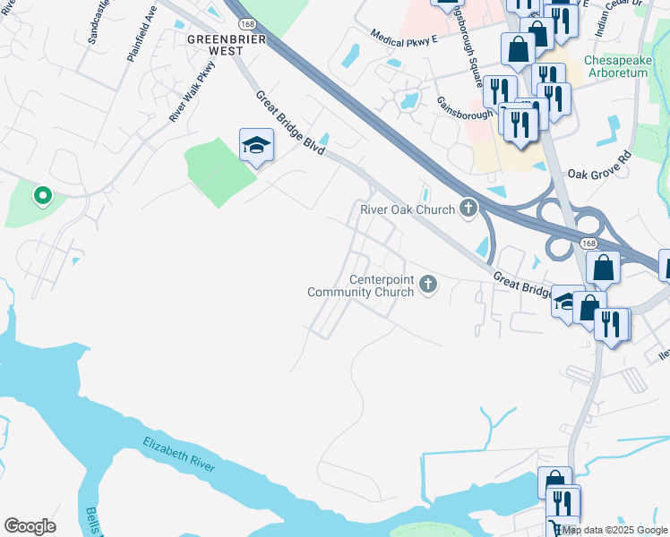 map of restaurants, bars, coffee shops, grocery stores, and more near 327 Preservation Reach in Chesapeake