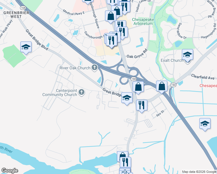map of restaurants, bars, coffee shops, grocery stores, and more near 124 Fairwind Drive in Chesapeake