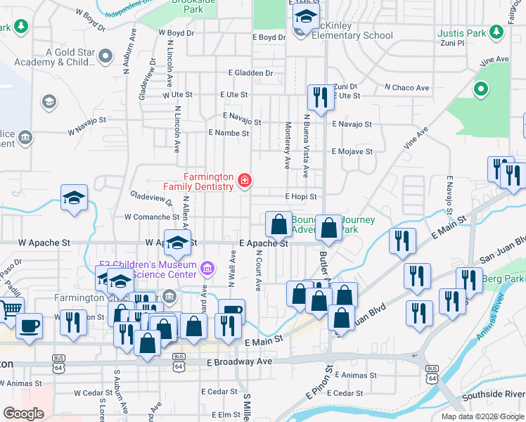 map of restaurants, bars, coffee shops, grocery stores, and more near 406 East Comanche Street in Farmington