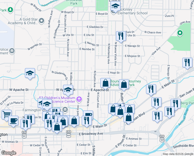 map of restaurants, bars, coffee shops, grocery stores, and more near 569-599 North Dustin Avenue in Farmington