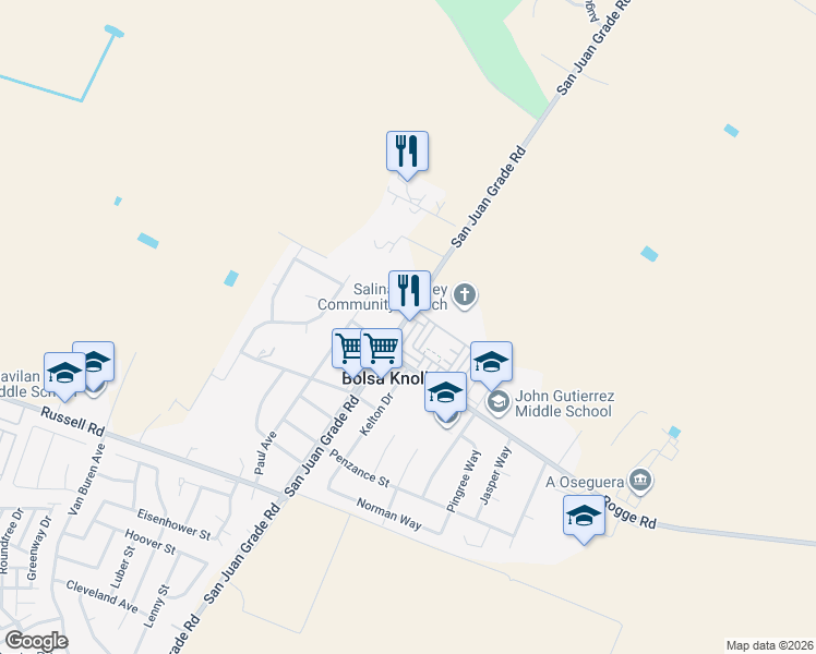 map of restaurants, bars, coffee shops, grocery stores, and more near 350 San Juan Grade Road in Salinas