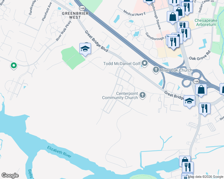 map of restaurants, bars, coffee shops, grocery stores, and more near 327 Preservation Reach in Chesapeake