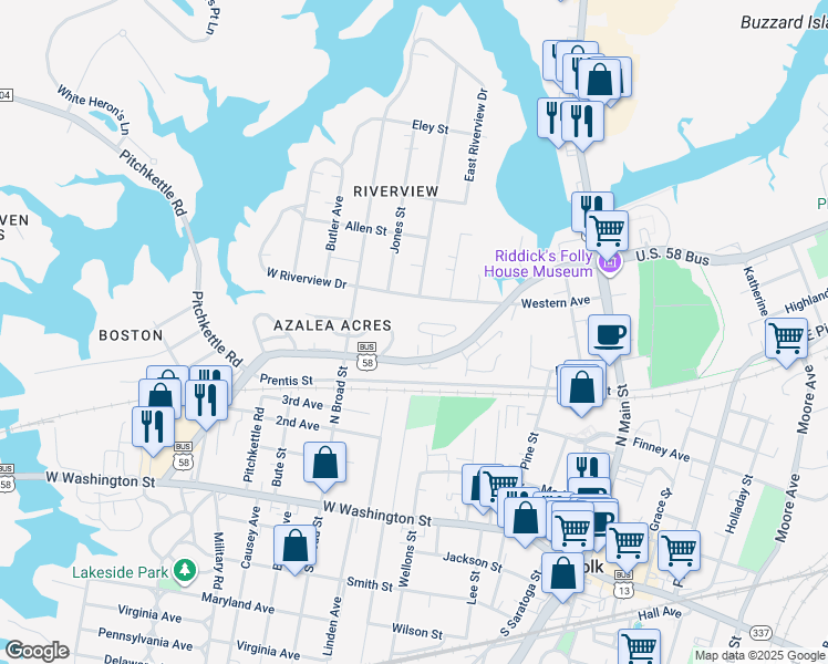 map of restaurants, bars, coffee shops, grocery stores, and more near 203 Constance Woods Drive in Suffolk