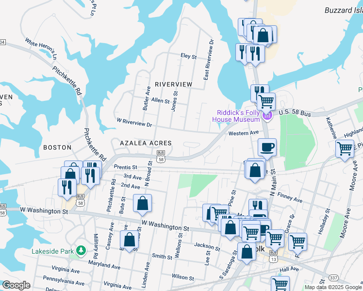 map of restaurants, bars, coffee shops, grocery stores, and more near 203 Constance Woods Drive in Suffolk