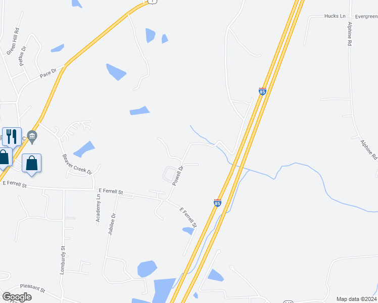map of restaurants, bars, coffee shops, grocery stores, and more near 881 Powell Drive in South Hill