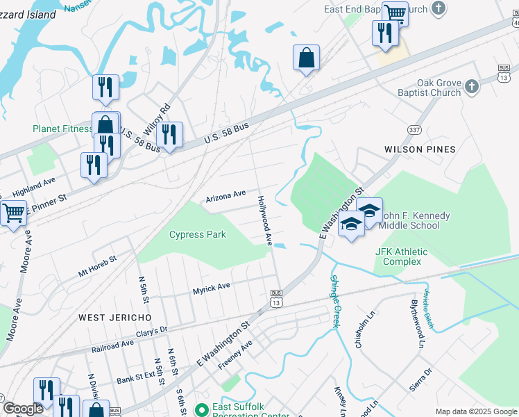 map of restaurants, bars, coffee shops, grocery stores, and more near 523 Hollywood Avenue in Suffolk