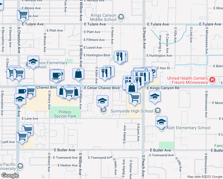 map of restaurants, bars, coffee shops, grocery stores, and more near 5120 East Kings Canyon Road in Fresno