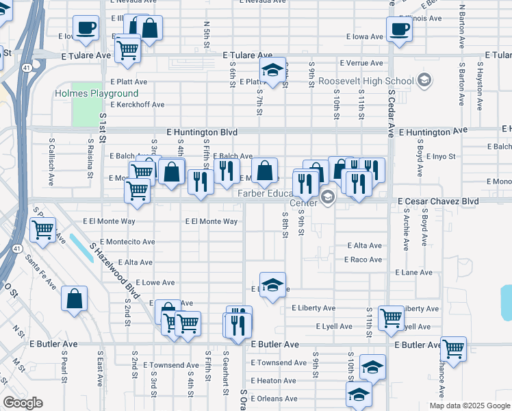 map of restaurants, bars, coffee shops, grocery stores, and more near 750 South 7th Street in Fresno