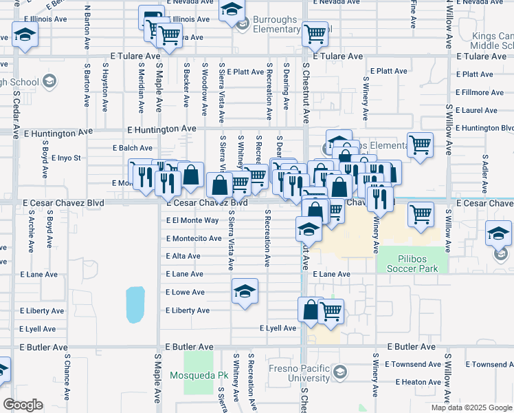 map of restaurants, bars, coffee shops, grocery stores, and more near in Fresno