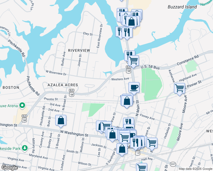 map of restaurants, bars, coffee shops, grocery stores, and more near 315 West Constance Road in Suffolk