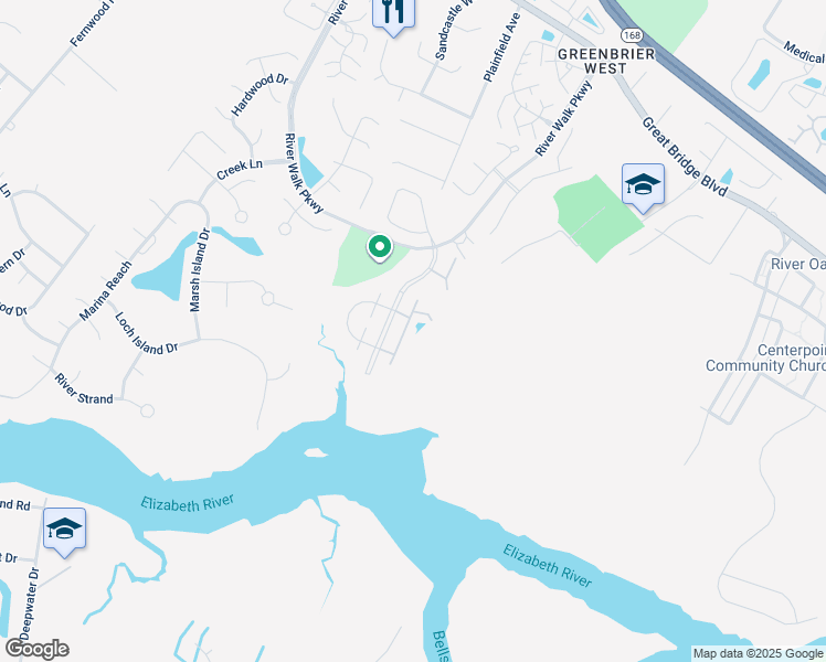 map of restaurants, bars, coffee shops, grocery stores, and more near 469 Seahorse Run in Chesapeake