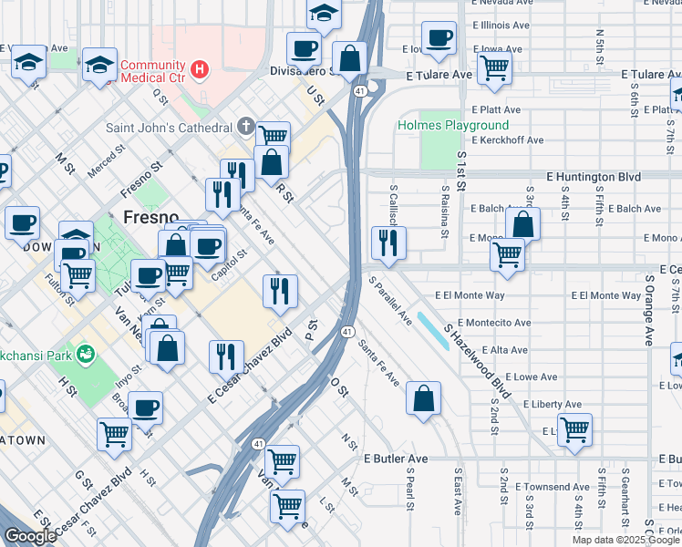 map of restaurants, bars, coffee shops, grocery stores, and more near 2721 Ventura Street in Fresno