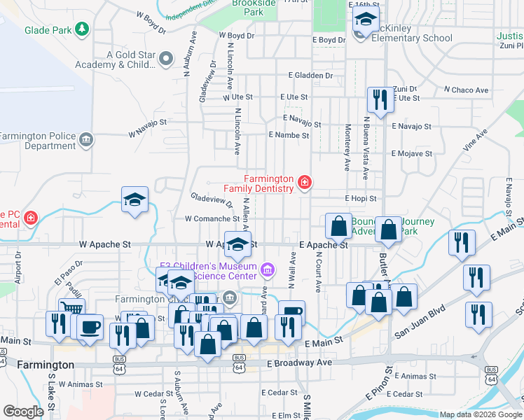 map of restaurants, bars, coffee shops, grocery stores, and more near 605 North Orchard Avenue in Farmington