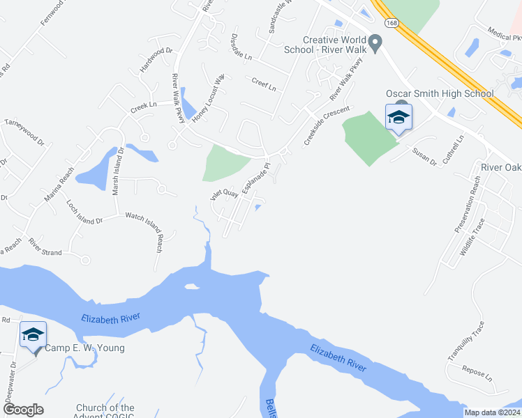 map of restaurants, bars, coffee shops, grocery stores, and more near 521 Seahorse Run in Chesapeake