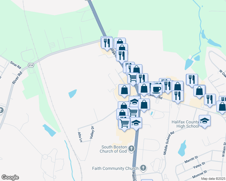 map of restaurants, bars, coffee shops, grocery stores, and more near Rosehill Drive in South Boston