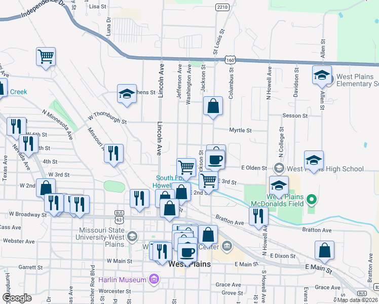 map of restaurants, bars, coffee shops, grocery stores, and more near 817 Washington Avenue in West Plains