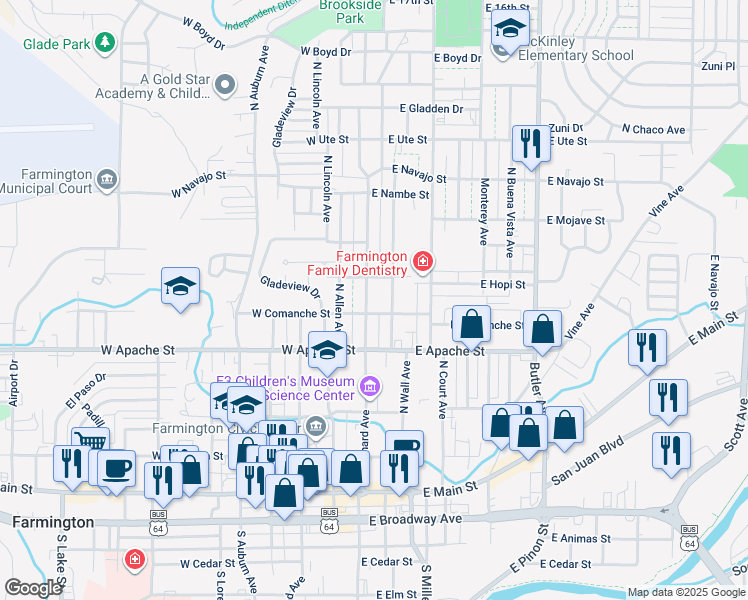 map of restaurants, bars, coffee shops, grocery stores, and more near 608 North Allen Avenue in Farmington