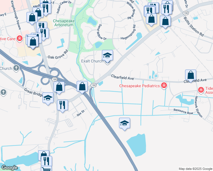 map of restaurants, bars, coffee shops, grocery stores, and more near 301 Clearfield Avenue in Chesapeake