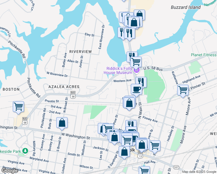 map of restaurants, bars, coffee shops, grocery stores, and more near 315 West Constance Road in Suffolk