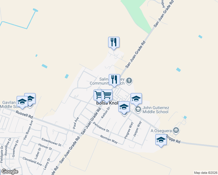map of restaurants, bars, coffee shops, grocery stores, and more near 329 San Juan Grade Road in Salinas