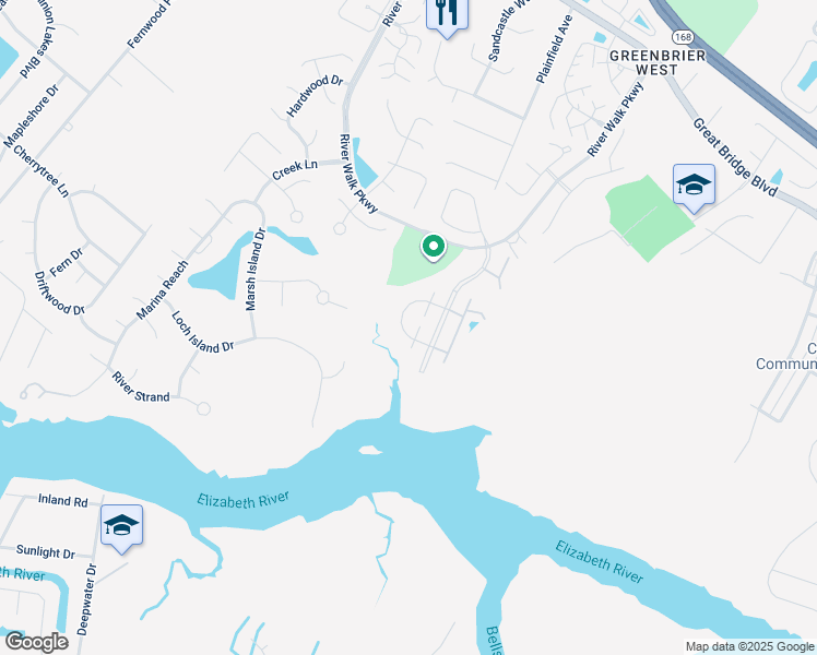 map of restaurants, bars, coffee shops, grocery stores, and more near 725 Inlet Quay in Chesapeake