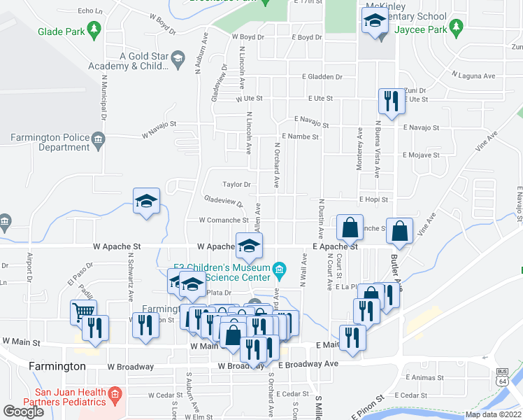 map of restaurants, bars, coffee shops, grocery stores, and more near 608 North Allen Avenue in Farmington