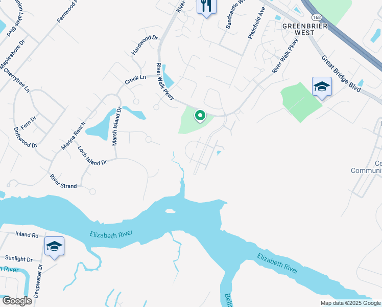 map of restaurants, bars, coffee shops, grocery stores, and more near 725 Inlet Quay in Chesapeake