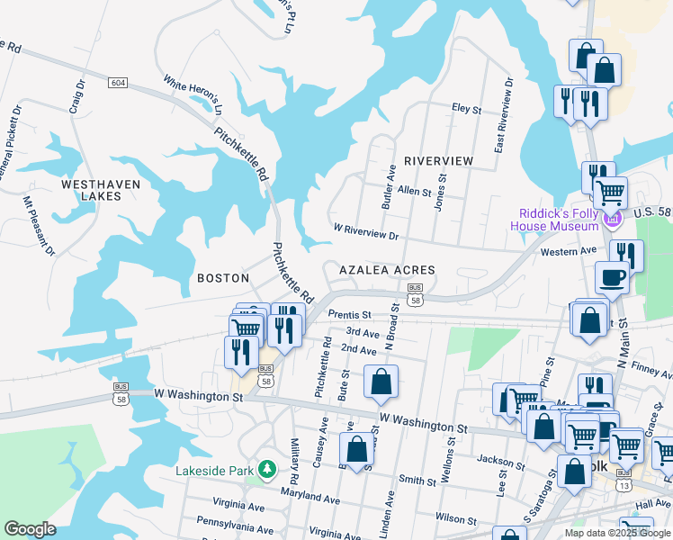 map of restaurants, bars, coffee shops, grocery stores, and more near 407 Forest Hill Crescent in Suffolk