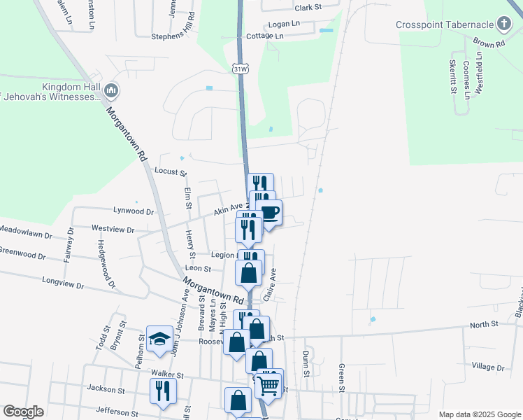 map of restaurants, bars, coffee shops, grocery stores, and more near 902 North Main Street in Franklin