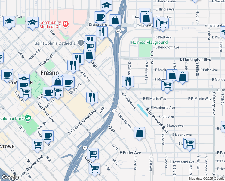 map of restaurants, bars, coffee shops, grocery stores, and more near 2721 Ventura Street in Fresno