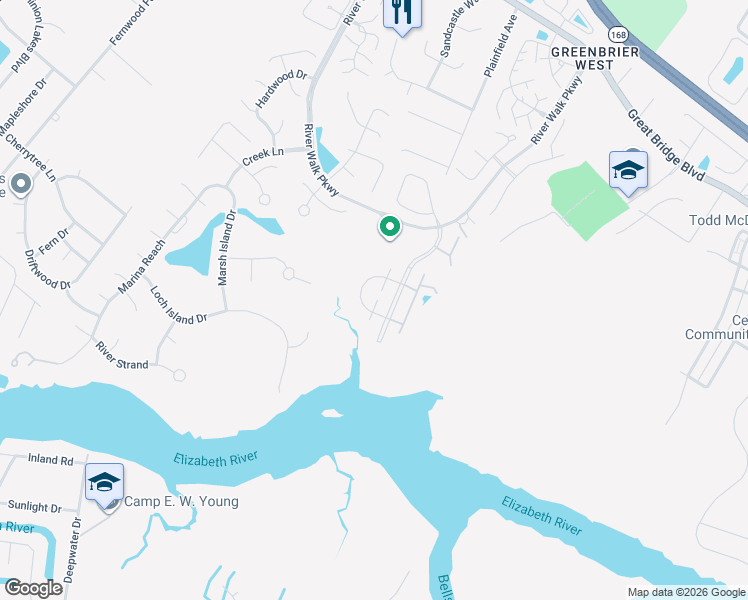 map of restaurants, bars, coffee shops, grocery stores, and more near 725 Inlet Quay in Chesapeake