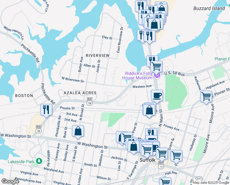 map of restaurants, bars, coffee shops, grocery stores, and more near 311 Western Avenue in Suffolk