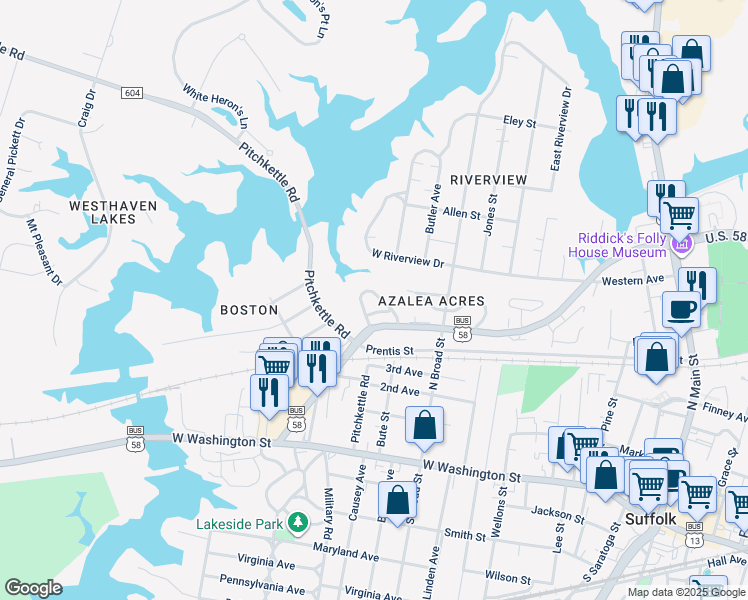 map of restaurants, bars, coffee shops, grocery stores, and more near 407 Forest Hill Crescent in Suffolk