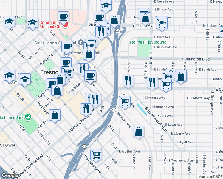 map of restaurants, bars, coffee shops, grocery stores, and more near 662 R Street in Fresno