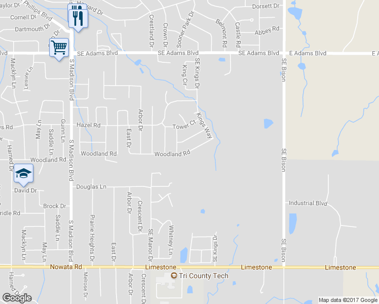map of restaurants, bars, coffee shops, grocery stores, and more near 5817 Woodland Road in Bartlesville