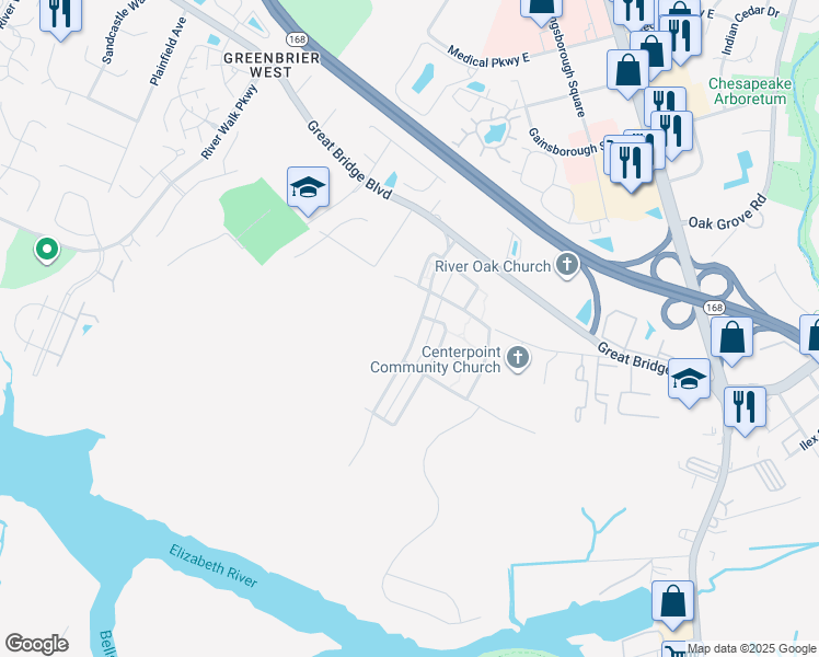 map of restaurants, bars, coffee shops, grocery stores, and more near 334 Preservation Reach in Chesapeake