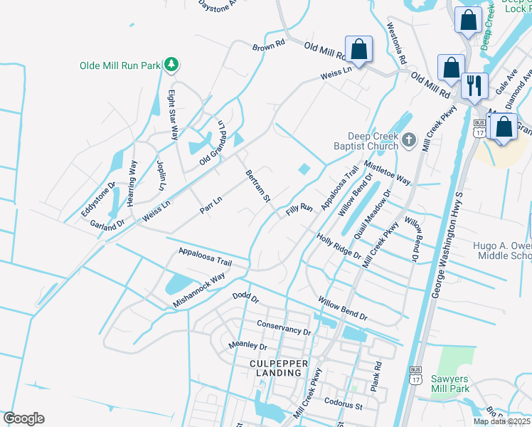 map of restaurants, bars, coffee shops, grocery stores, and more near 405 Saddle Court in Chesapeake