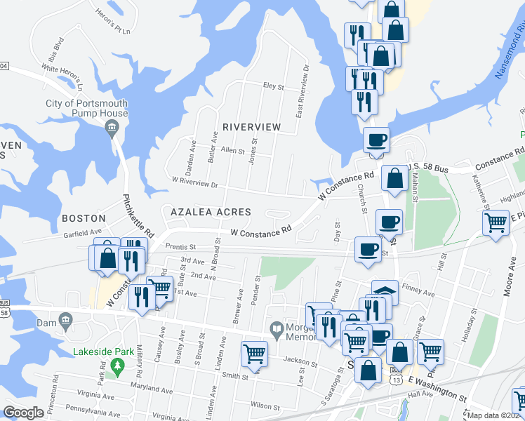 map of restaurants, bars, coffee shops, grocery stores, and more near 302 Constance Woods Drive in Suffolk