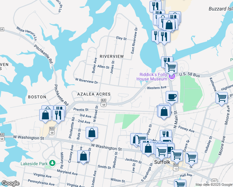 map of restaurants, bars, coffee shops, grocery stores, and more near 302 Constance Woods Drive in Suffolk
