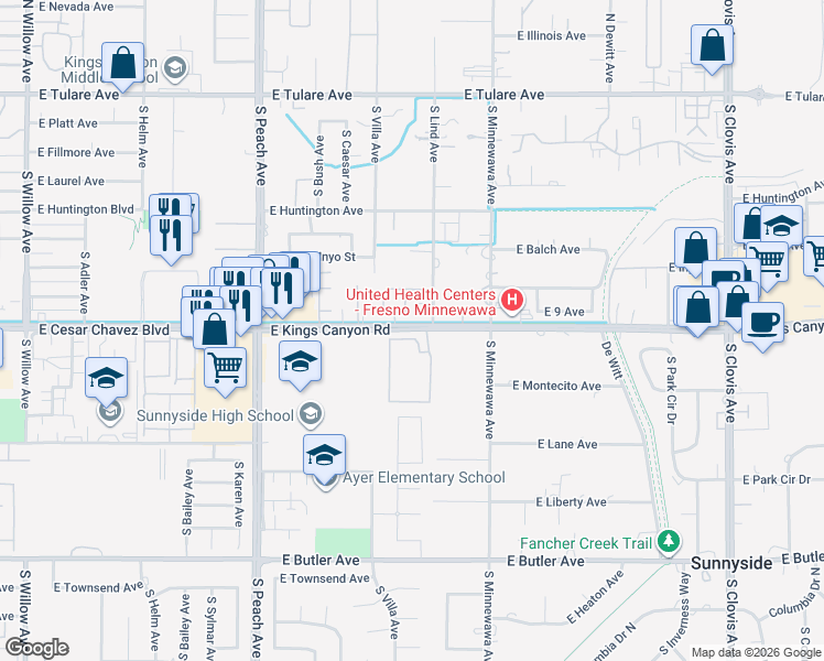 map of restaurants, bars, coffee shops, grocery stores, and more near 650 South Lind Avenue in Fresno