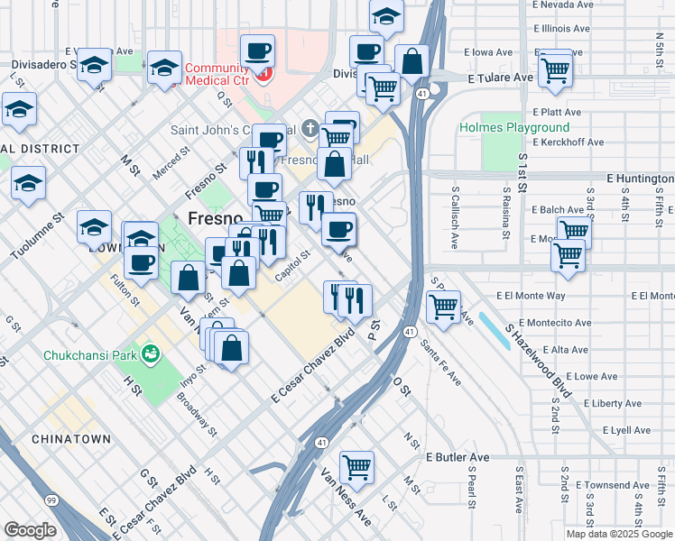 map of restaurants, bars, coffee shops, grocery stores, and more near 750 Santa Fe Avenue in Fresno