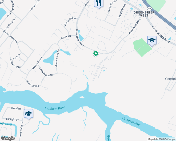 map of restaurants, bars, coffee shops, grocery stores, and more near 705 Inlet Quay in Chesapeake