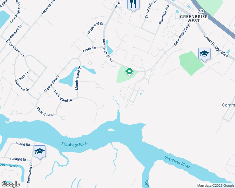 map of restaurants, bars, coffee shops, grocery stores, and more near 716 Inlet Quay in Chesapeake