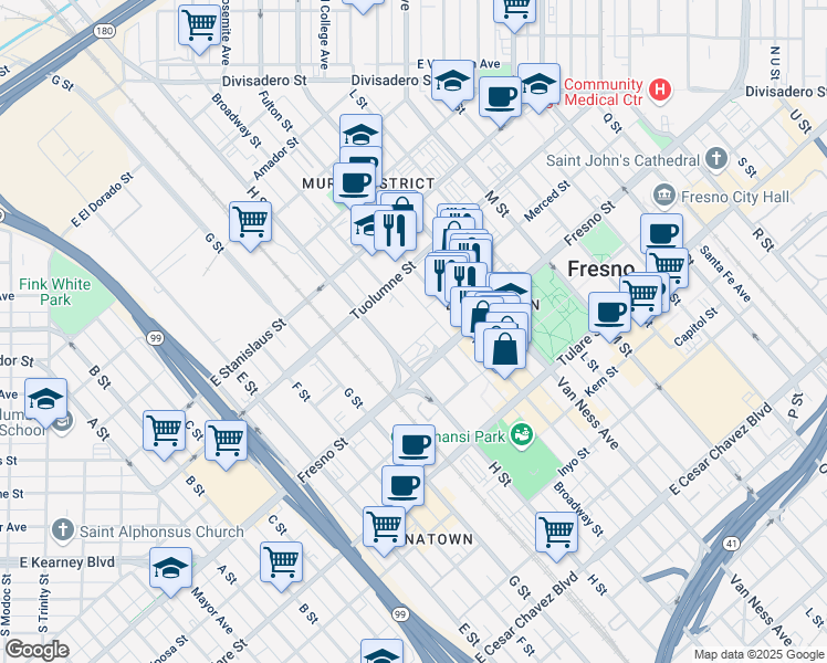 map of restaurants, bars, coffee shops, grocery stores, and more near 1279 Broadway Street in Fresno