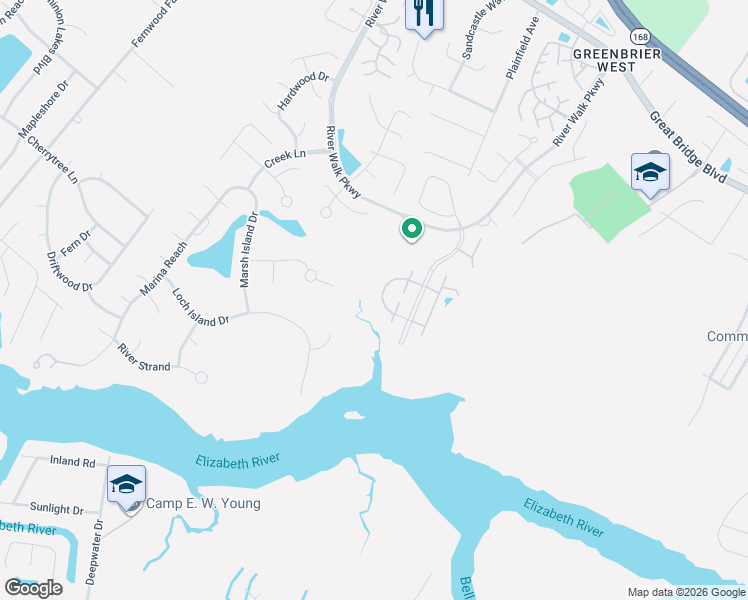map of restaurants, bars, coffee shops, grocery stores, and more near 716 Inlet Quay in Chesapeake
