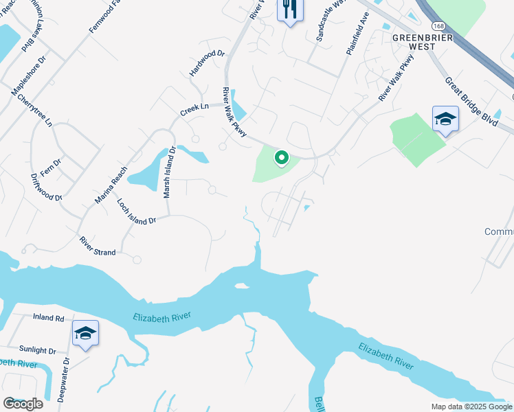 map of restaurants, bars, coffee shops, grocery stores, and more near 720 Inlet Quay in Chesapeake